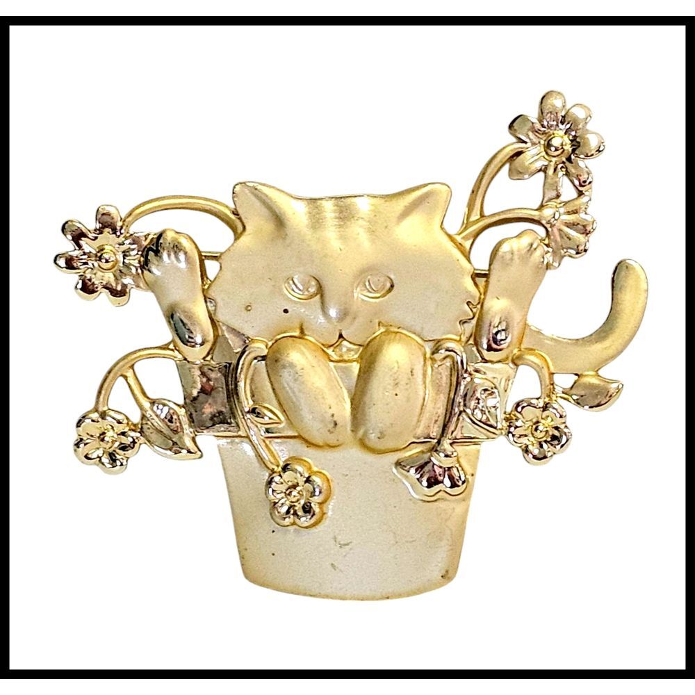 JJ Cat Brooch Flower Pot Gold Tone Cute Kitten Lapel Pin Vintage Jewelry